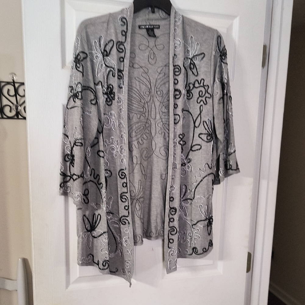 Lauren Michelle Gray and Black Floral Cardigan Sweater, Like New (B10)